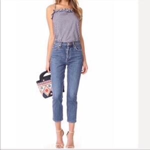 Amanda Uprichard Blue & White Gingham Ruffled Tank Top Blouse S